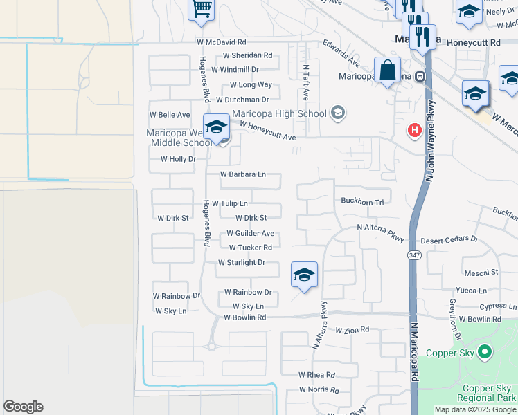 map of restaurants, bars, coffee shops, grocery stores, and more near 45583 Tulip Lane in Maricopa