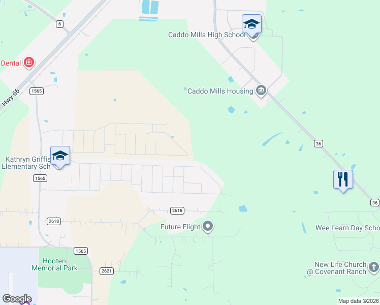 map of restaurants, bars, coffee shops, grocery stores, and more near 3388 County Road 2618 in Caddo Mills