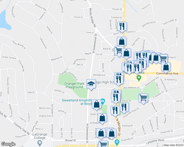 map of restaurants, bars, coffee shops, grocery stores, and more near 700 North Greenwood Street in LaGrange