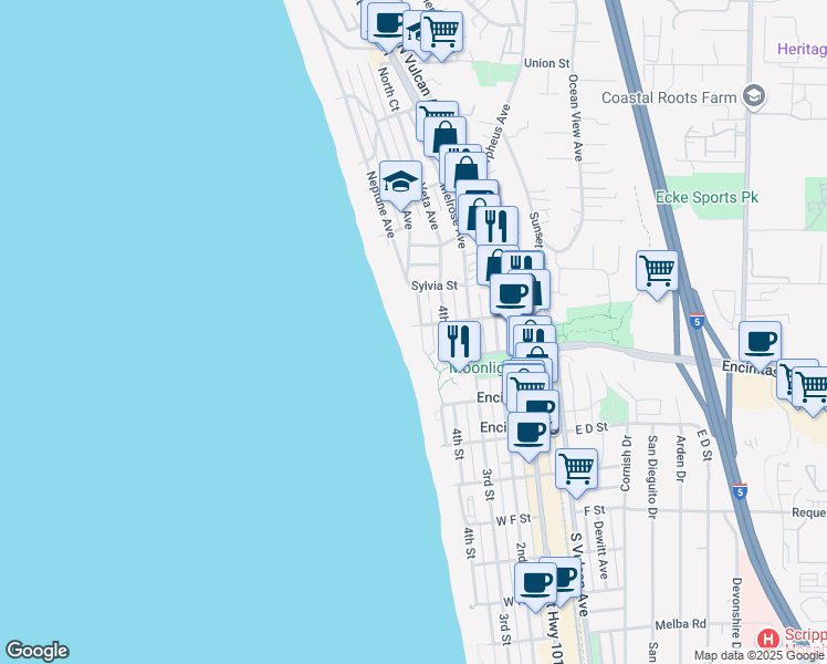 map of restaurants, bars, coffee shops, grocery stores, and more near 507 A Street in Encinitas