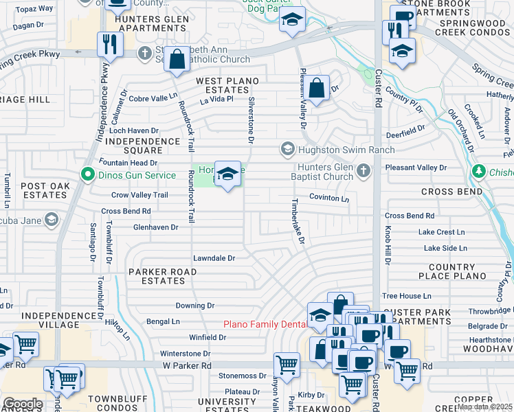 map of restaurants, bars, coffee shops, grocery stores, and more near 2329 Cross Bend Road in Plano