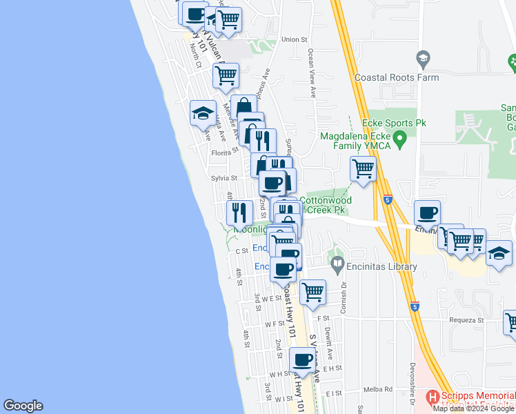 map of restaurants, bars, coffee shops, grocery stores, and more near 220 2nd Street in Encinitas