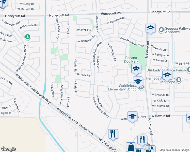 map of restaurants, bars, coffee shops, grocery stores, and more near Alan Stephens Parkway in Maricopa