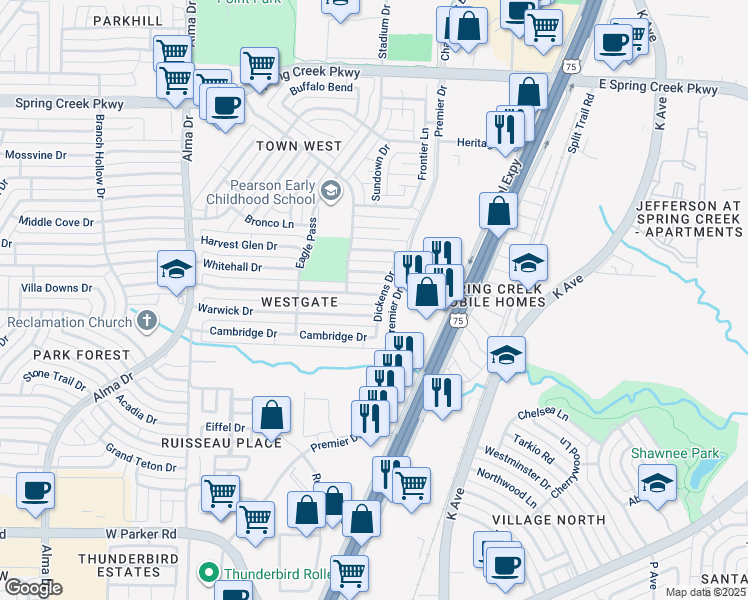 map of restaurants, bars, coffee shops, grocery stores, and more near 700 Arbor Downs Drive in Plano