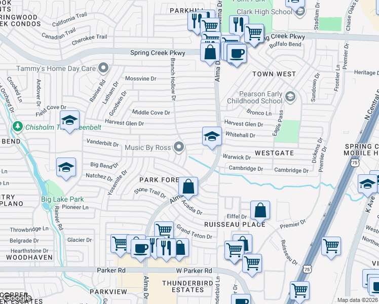 map of restaurants, bars, coffee shops, grocery stores, and more near 925 Whitney Court in Plano