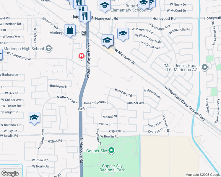 map of restaurants, bars, coffee shops, grocery stores, and more near 44301 West Buckhorn Trail in Maricopa