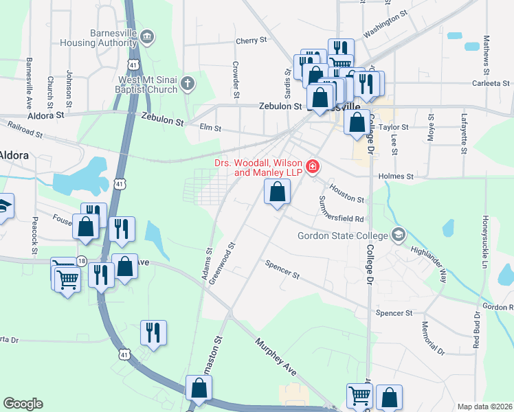 map of restaurants, bars, coffee shops, grocery stores, and more near 616 Greenwood Street in Barnesville