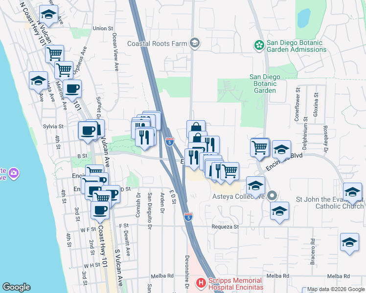 map of restaurants, bars, coffee shops, grocery stores, and more near 223 Mangano Circle in Encinitas