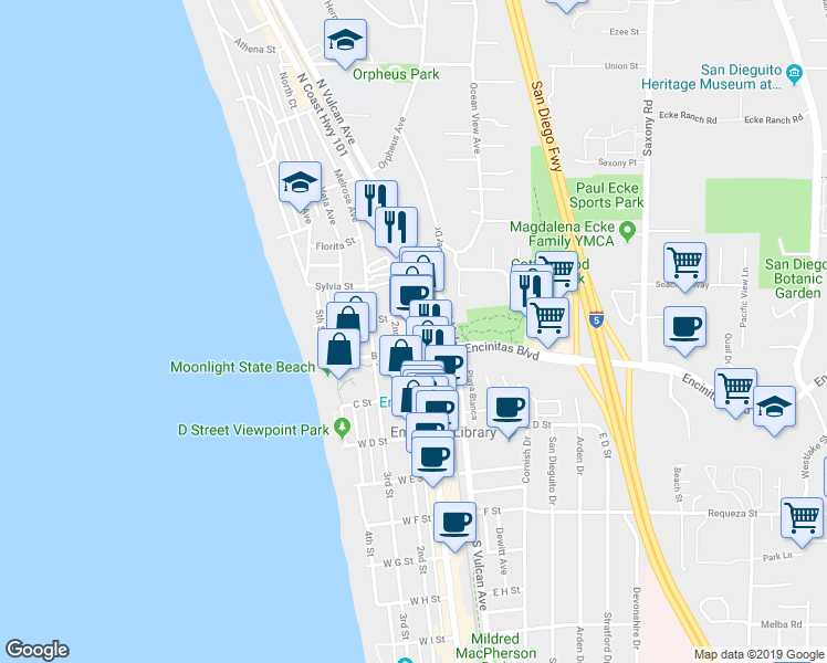 map of restaurants, bars, coffee shops, grocery stores, and more near 97 North Coast Highway 101 in Encinitas