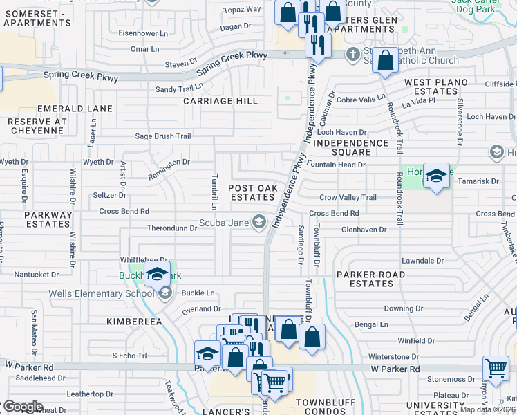 map of restaurants, bars, coffee shops, grocery stores, and more near 3105 Cross Bend Road in Plano