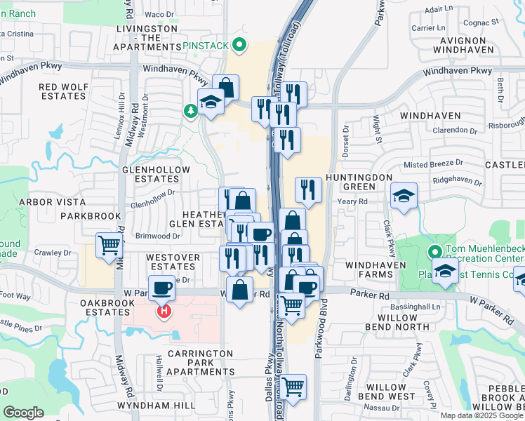 map of restaurants, bars, coffee shops, grocery stores, and more near North 40 Place in Dallas