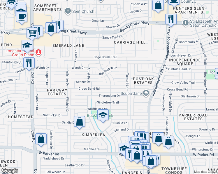 map of restaurants, bars, coffee shops, grocery stores, and more near 3401 Cross Bend Road in Plano