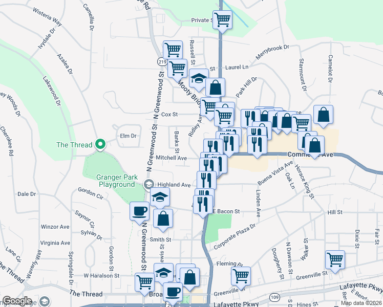 map of restaurants, bars, coffee shops, grocery stores, and more near 712 Ridley Avenue in LaGrange
