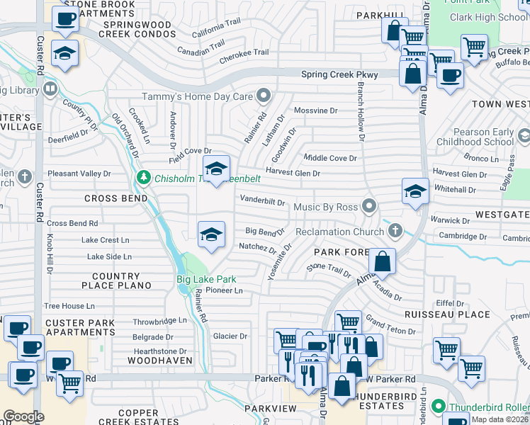 map of restaurants, bars, coffee shops, grocery stores, and more near 1421 Cross Bend Road in Plano