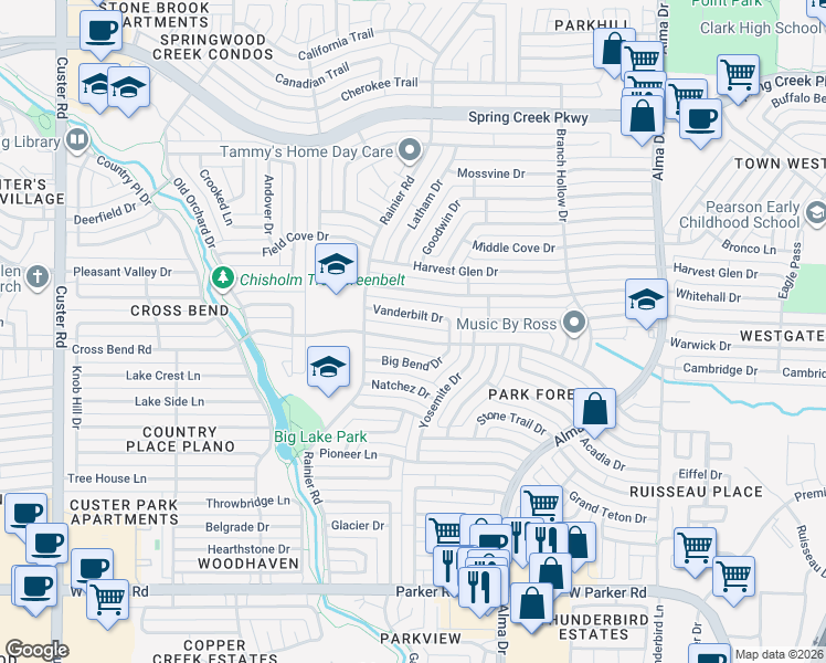 map of restaurants, bars, coffee shops, grocery stores, and more near 1429 Cross Bend Road in Plano