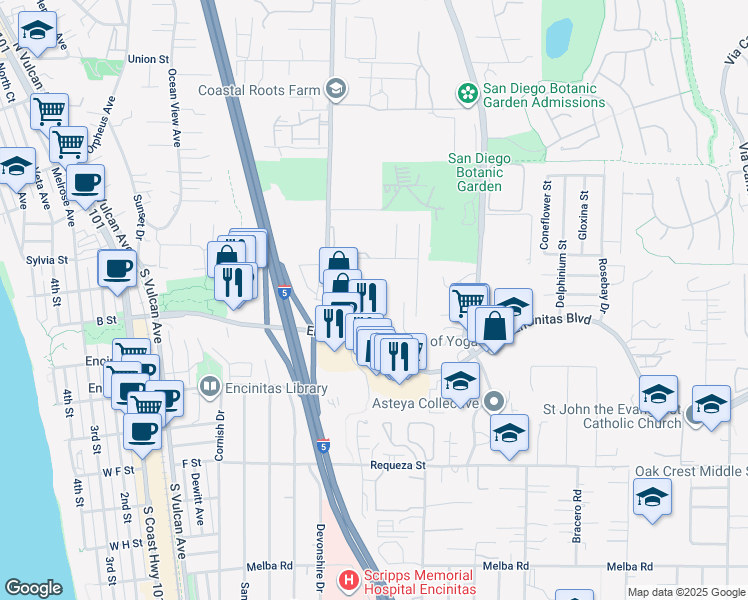 map of restaurants, bars, coffee shops, grocery stores, and more near 328 Encinitas Boulevard in Encinitas