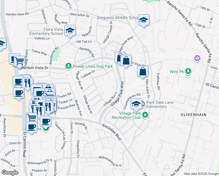 map of restaurants, bars, coffee shops, grocery stores, and more near 1769 Red Barn Road in Encinitas