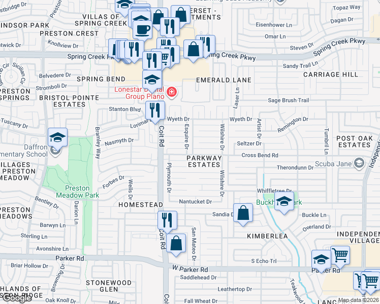 map of restaurants, bars, coffee shops, grocery stores, and more near 3900 Esquire Dr in Plano