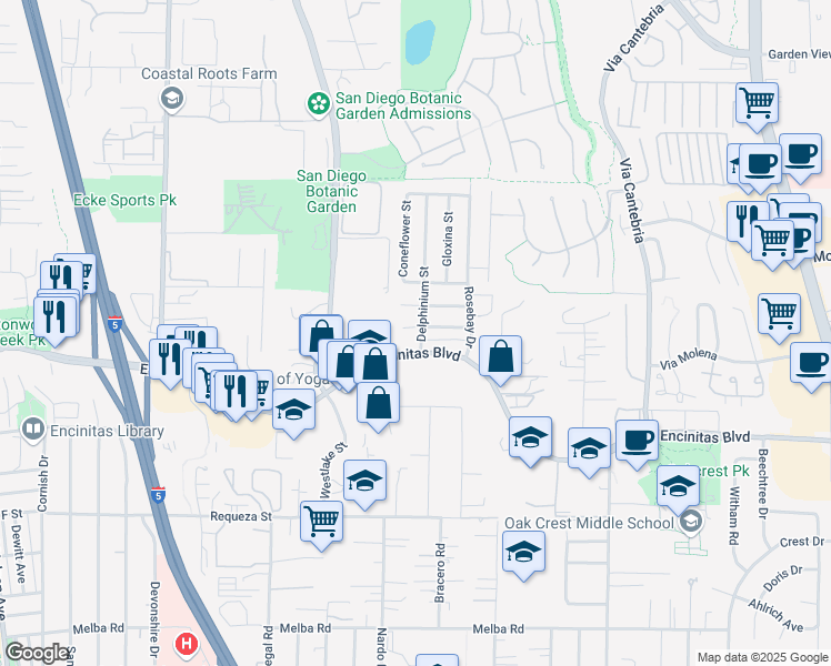 map of restaurants, bars, coffee shops, grocery stores, and more near 723 Teaberry Street in Encinitas