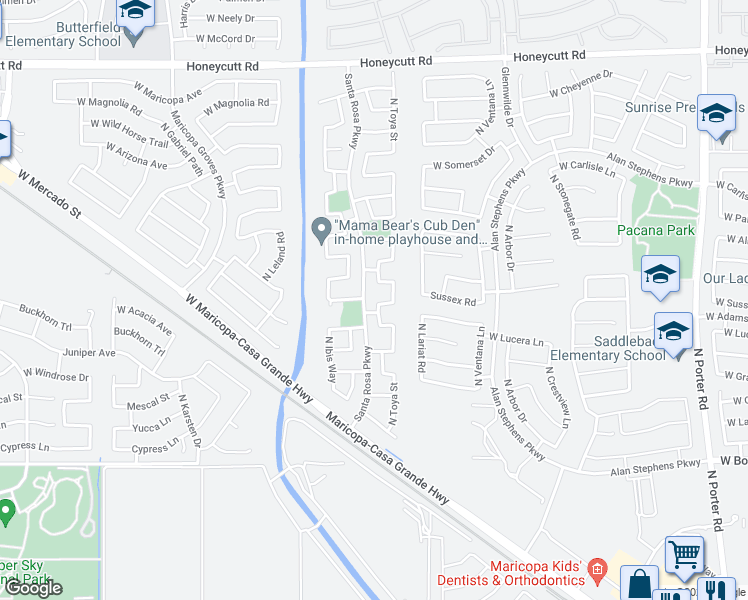 map of restaurants, bars, coffee shops, grocery stores, and more near 18682 North Comet Trail in Maricopa