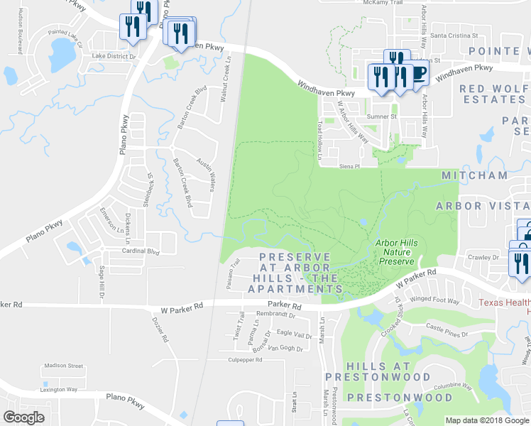 map of restaurants, bars, coffee shops, grocery stores, and more near Outer Loop Trail in Plano