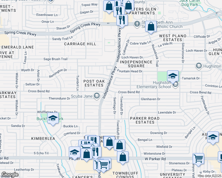 map of restaurants, bars, coffee shops, grocery stores, and more near 3027 Cross Bend Road in Plano