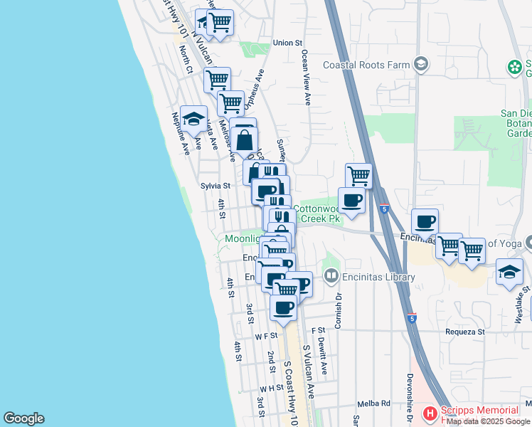 map of restaurants, bars, coffee shops, grocery stores, and more near 97 North Coast Highway 101 in Encinitas
