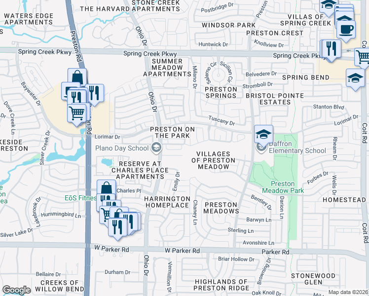 map of restaurants, bars, coffee shops, grocery stores, and more near 4600 Sunnybrook Drive in Plano