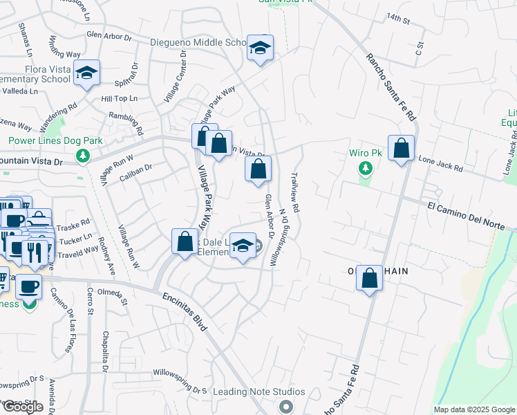 map of restaurants, bars, coffee shops, grocery stores, and more near 2033 Shadytree Lane in Encinitas