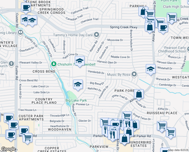 map of restaurants, bars, coffee shops, grocery stores, and more near 1429 Cross Bend Road in Plano