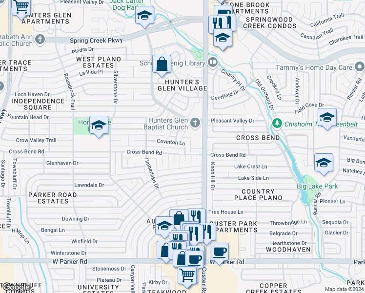 map of restaurants, bars, coffee shops, grocery stores, and more near 2200 Covinton Lane in Plano