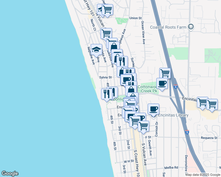 map of restaurants, bars, coffee shops, grocery stores, and more near 201 4th Street in Encinitas