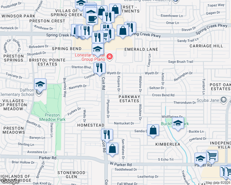 map of restaurants, bars, coffee shops, grocery stores, and more near 3900 Esquire Drive in Plano