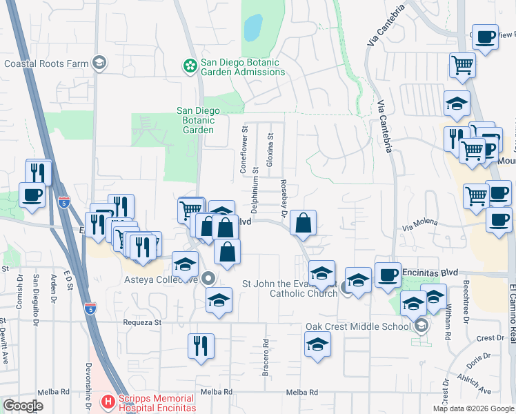 map of restaurants, bars, coffee shops, grocery stores, and more near 723 Teaberry Street in Encinitas