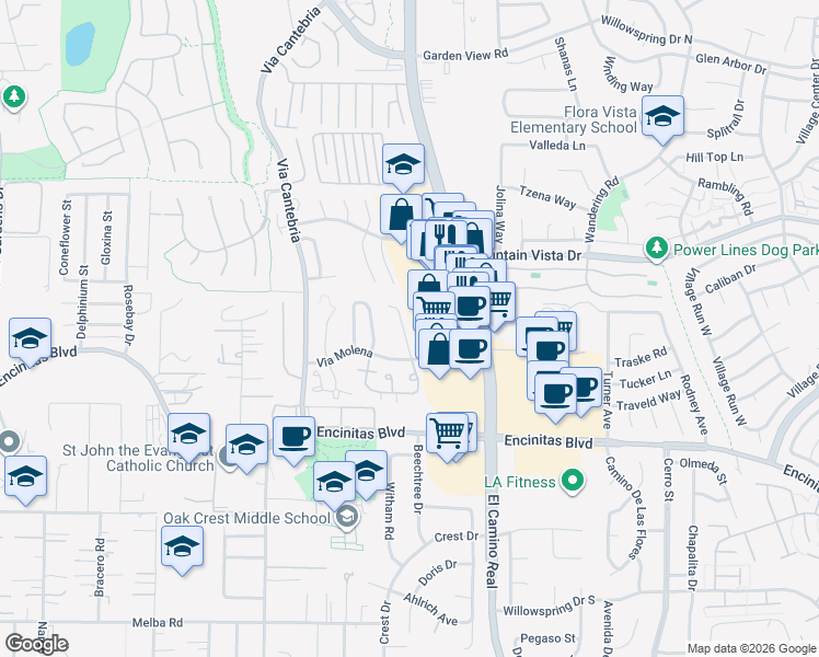 map of restaurants, bars, coffee shops, grocery stores, and more near 241 Via Tavira in Encinitas