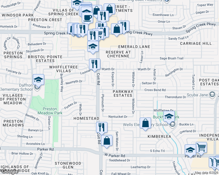 map of restaurants, bars, coffee shops, grocery stores, and more near 3900 Esquire Drive in Plano