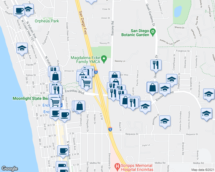 map of restaurants, bars, coffee shops, grocery stores, and more near 223 Mangano Circle in Encinitas