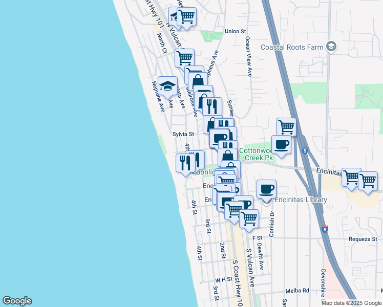map of restaurants, bars, coffee shops, grocery stores, and more near 201 4th Street in Encinitas