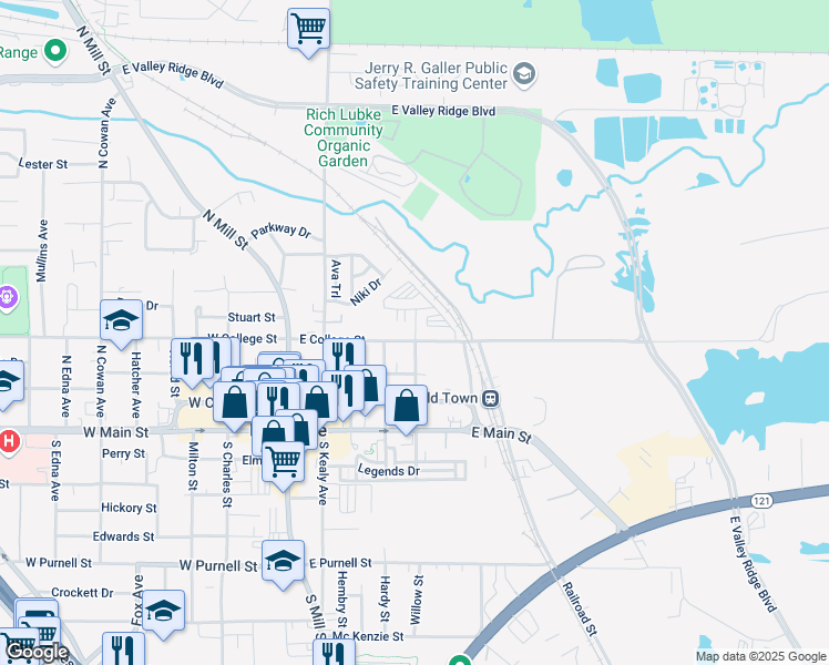 map of restaurants, bars, coffee shops, grocery stores, and more near 421 East College Street in Lewisville