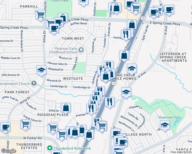 map of restaurants, bars, coffee shops, grocery stores, and more near 700 Arbor Downs Drive in Plano