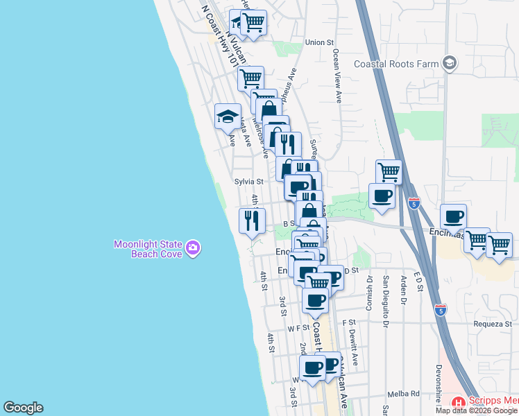 map of restaurants, bars, coffee shops, grocery stores, and more near 201 4th Street in Encinitas