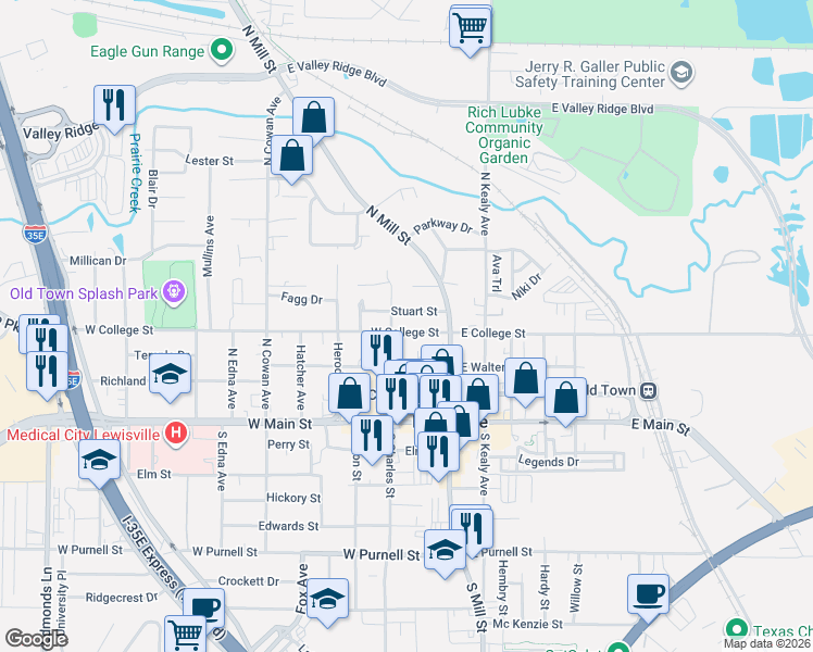 map of restaurants, bars, coffee shops, grocery stores, and more near 151 W College St in Lewisville