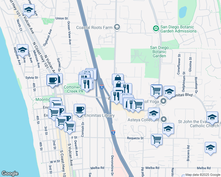 map of restaurants, bars, coffee shops, grocery stores, and more near 223 Mangano Circle in Encinitas