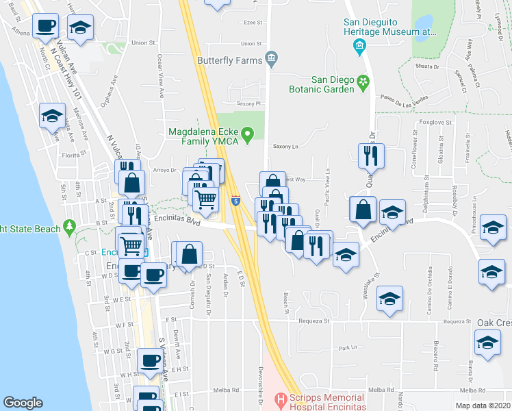 map of restaurants, bars, coffee shops, grocery stores, and more near 223 Mangano Circle in Encinitas