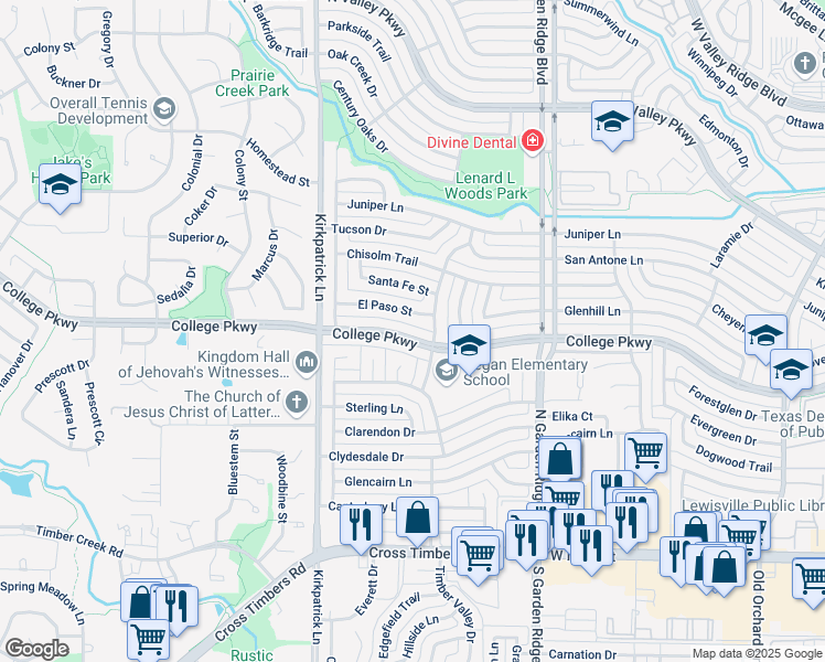map of restaurants, bars, coffee shops, grocery stores, and more near 1813 College Parkway in Lewisville