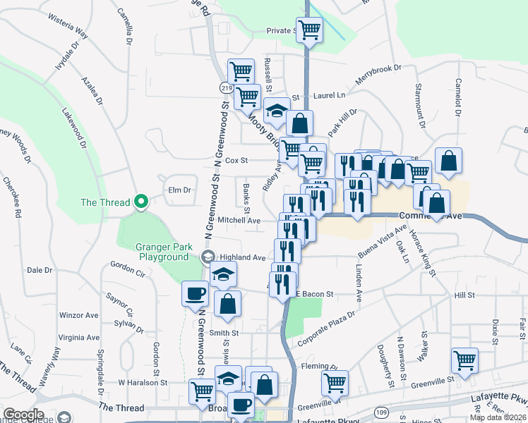 map of restaurants, bars, coffee shops, grocery stores, and more near 712 Ridley Avenue in LaGrange