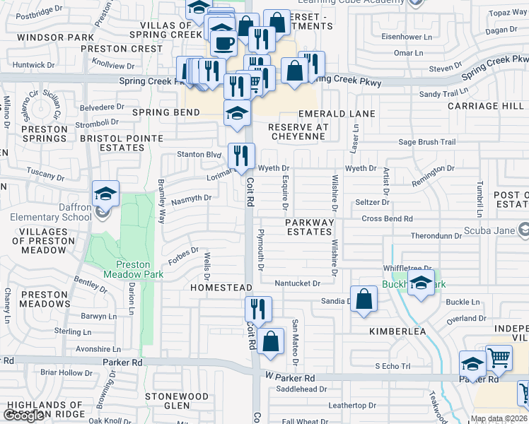 map of restaurants, bars, coffee shops, grocery stores, and more near 3917 Cross Bend Road in Plano