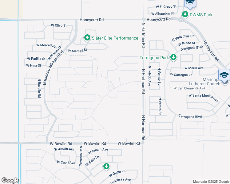 map of restaurants, bars, coffee shops, grocery stores, and more near 18744 Barano Drive in Maricopa