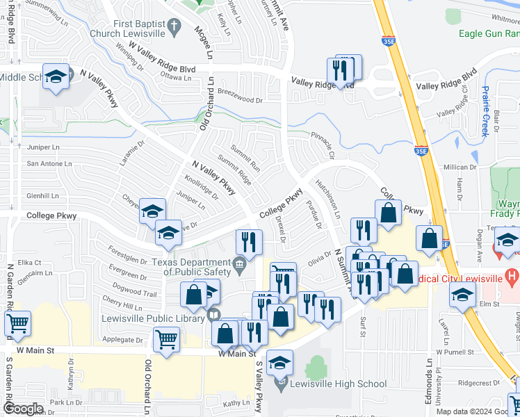 map of restaurants, bars, coffee shops, grocery stores, and more near 684 Summit Ridge in Lewisville