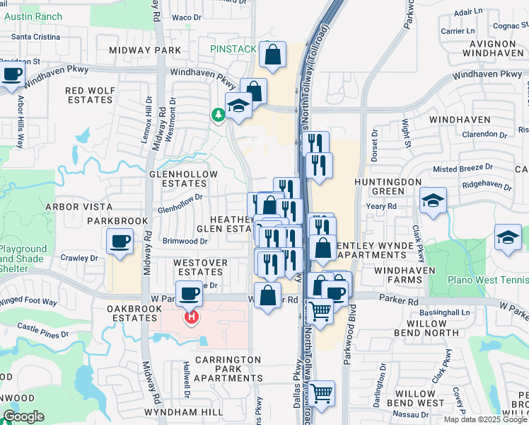 map of restaurants, bars, coffee shops, grocery stores, and more near 3645 Dallas Parkway in Plano